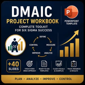 Peut inclure: Un modèle PowerPoint DMAIC Project Workbook bleu foncé pour le succès Six Sigma. Il présente un diagramme de processus circulaire avec Define, Measure, Analyze, Improve et Control, un graphique à barres avec une flèche, et 40 diapositives.