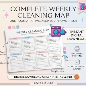 Pode incluir: Um mapa de limpeza semanal em PDF imprimível com cabeçalhos em cores pastel para cada dia da semana. O documento inclui caixas de seleção, uma seção de notas e um gráfico de uma máquina de lavar roxa. O texto inclui COMPLETE WEEKLY CLEANING MAP, ONE ROOM AT A TIME, KEEP YOUR HOME FRESH, INSTANT DIGITAL DOWNLOAD, UNLIMITED PRINTING, STAY ORGANIZED & CALM e DIGITAL DOWNLOAD ONLY.