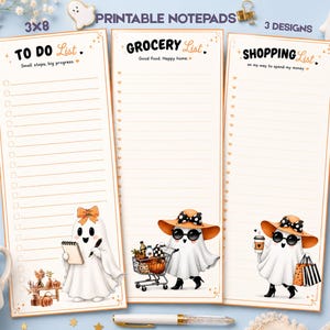Puede incluir: Tres blocs de notas imprimibles verticales con bordes naranjas. El primero es una To Do List con un fantasma sosteniendo una libreta. El segundo es una Grocery List con un fantasma empujando un carrito de compras. El tercero es una Shopping List con un fantasma sosteniendo un café y bolsas de compras.