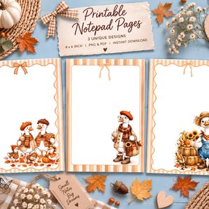 Puede incluir: Tres páginas de bloc de notas imprimibles con ilustraciones de gansos con temática otoñal. Los diseños incluyen gansos con sombreros y bufandas, calabazas y hojas de otoño. Las páginas tienen bordes a rayas naranjas y bordes festoneados.