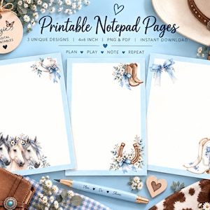Puede incluir: Tres páginas de bloc de notas imprimibles con bordes azul claro e ilustraciones de estilo western. Los diseños incluyen caballos, botas de vaquero, herraduras y lazos azules. El texto incluye Printable Notepad Pages, 3 Unique Designs, 4x6 Inch, PNG & PDF, Instant Download, Plan, Play, Note, Repeat.