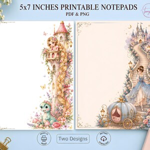 Fairytale Princess Printable Notepad , 2-Page Digital Download Princess Stationery ,Fairytale Castle, Floral Tower and Carriage Notepad