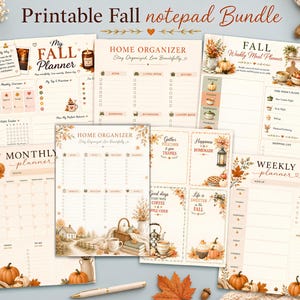 May include: A collection of printable planner pages featuring fall-themed illustrations of pumpkins, autumn leaves, and cozy home scenes. The set includes a My Fall Planner, Home Organizer, Fall Weekly Meal Planner, Monthly Planner, and Weekly Planner.