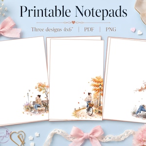 May include: Three printable notepads with 4x6 inch dimensions, featuring white paper with copper-coloured borders. Each sheet displays a unique watercolour illustration of a person in an autumn setting, including a park bench, a bicycle, and a chair.