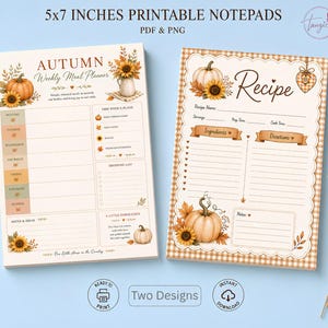 Herbstliches Notizblock-Set zum Ausdrucken | Herbstliche Rezeptkarten & Wochenplaner | Kürbis-Notizblock | Küchenplaner für Thanksgiving | PDF, PNG