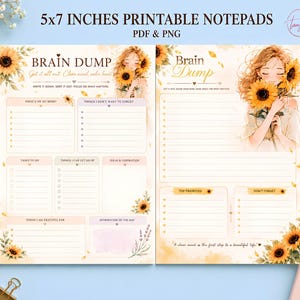 Könnte beinhalten: Zwei 12,7x17,8 cm große, druckbare Notizblockblätter mit Sonnenblumenillustrationen und einer Figur, die Sonnenblumen hält. Das linke Blatt enthält Abschnitte für Brain Dump, Aufgaben und Dankbarkeit.