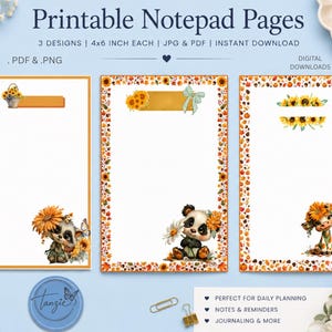 Può includere: Tre pagine di blocco note stampabili a tema autunnale, ciascuna di 10,16x15,24 cm. I design presentano illustrazioni ad acquerello di un procione, un panda e un vitello circondati da girasoli, zucche e foglie autunnali su sfondo bianco.
