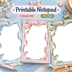 Puede incluir: Tres blocs de notas rectangulares imprimibles de 4x6 pulgadas, cada uno con un borde de cuadros vichy y un lazo decorativo en la parte superior. Los blocs son de color azul claro, rosa suave y verde salvia, con un centro blanco en blanco.