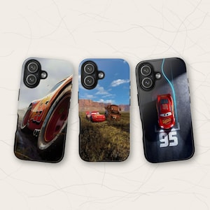 May include: Three rectangular smartphone cases featuring characters from the movie Cars. The first case shows a close-up of a red race car, the second shows two cars in a field, and the third shows a red race car with the number 95.
