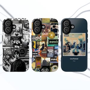 May include: Three smartphone cases featuring Oasis band imagery. The left case has a black and white collage of band photos and text. The centre case displays a colourful collage of album art and band logos. The right case is dark blue with the Definitely Maybe album cover and the text Live Forever Oasis.