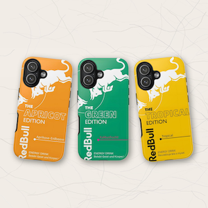 May include: Three rectangular phone cases featuring Red Bull branding in orange, green, and yellow. Each case displays a white bull graphic, camera cutouts, and text including The Apricot Edition, The Green Edition, and The Tropical Edition.