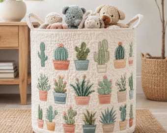 Cactus Quilted Laundry Basket, Boho Nursery Storage Bin, Succulent Toy Organizer, Handmade Style Kids Room Decor Basket