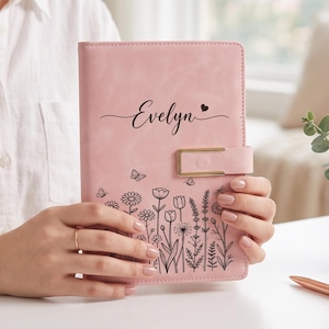 Gepersonaliseerde notitieboekset van botanisch leer met pen, cadeau voor vrouwen, verjaardagscadeau