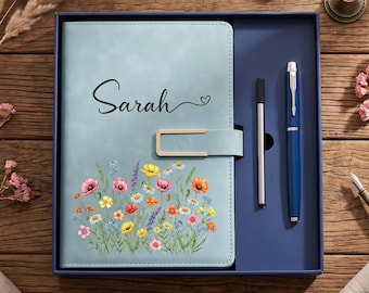 Personalized Floral Leather Notebook and Pen Set, Custom Name Journal for Her