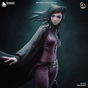 May include: A detailed figurine of a character with dark hair, wearing a purple vest and pants, a black cape, and a belt with a silver buckle. The character has blue eyeshadow and a neutral expression. The figure is sculpted by Polina Shaman.