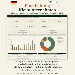 May include: A digital financial dashboard for Google Sheets titled Buchhaltung Kleinunternehmen, featuring data tables, a bar chart, and a pie chart. The interface displays business metrics, including revenue, expenses, and profit, with text in German.