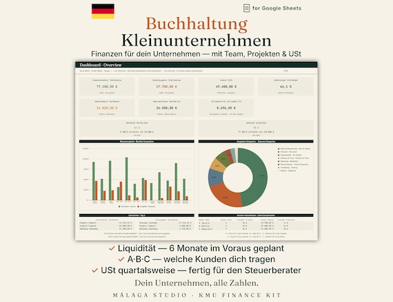 Buchhaltung Kleinunternehmen Google Sheets Deutsch | Cashflow Liquiditätsplanung 6 Monate | USt quartalsweise | KMU Finanzplaner Vorlage