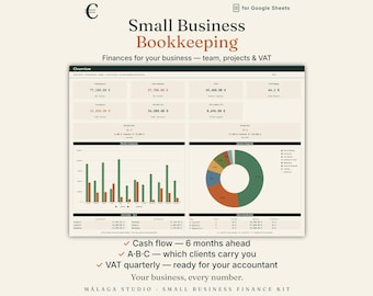 May include: A digital bookkeeping dashboard for Google Sheets titled Small Business Bookkeeping. It displays financial data including total revenue, expenses, profit, and VAT. Features include a bar chart for monthly comparisons, a pie chart for expense categories, and text lists for project and client data.