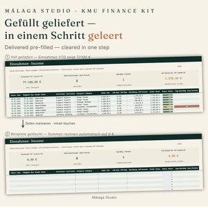 May include: A digital finance spreadsheet template titled Malaga Studio KMU Finance Kit. It shows two views of an income table: one pre-filled with data and one cleared to zero, demonstrating how to delete entries to reset the automated calculations.