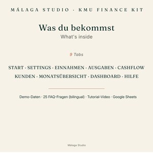 May include: A digital finance kit document titled Malaga Studio KMU Finance Kit. It lists 9 tabs including Start, Settings, Einnahmen, Ausgaben, Cashflow, Kunden, Monats&uuml;bersicht, Dashboard, and Hilfe. It also includes Demo-Daten, 25 FAQ-Fragen, a tutorial video, and Google Sheets.