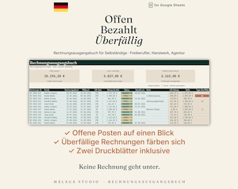 Puede incluir: Una hoja de cálculo digital para el seguimiento de facturas en Google Sheets titulada Rechnungsausgangsbuch. Muestra columnas para números de factura, clientes, fechas, tasas de impuestos, importes y estado de pago, con cuadros de resumen de totales.