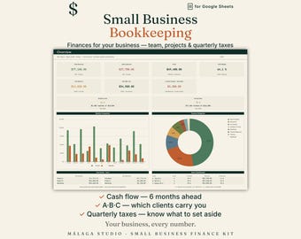 Puede incluir: Un panel de contabilidad digital para Google Sheets titulado Small Business Bookkeeping. Muestra datos financieros que incluyen ingresos totales, gastos, beneficios y margen de beneficio. Incluye un gráfico de barras, un gráfico circular y tablas para centros de costes y clasificación de clientes, con texto que detalla el flujo de caja, los impuestos trimestrales y el análisis de clientes.
