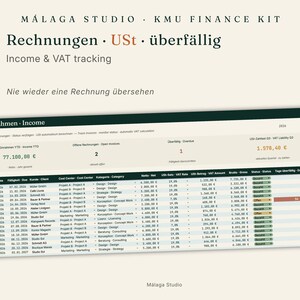 May include: A digital finance tracking spreadsheet titled M&aacute;laga Studio KMU Finance Kit. The interface displays columns for dates, clients, categories, net amounts, VAT rates, and status, with rows showing income and invoice data in euros.