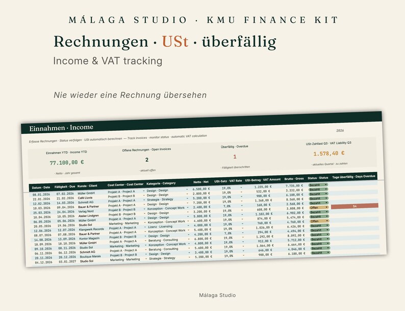 May include: A digital finance tracking spreadsheet titled M&aacute;laga Studio KMU Finance Kit. The interface displays columns for dates, clients, categories, net amounts, VAT rates, and status, with rows showing income and invoice data in euros.