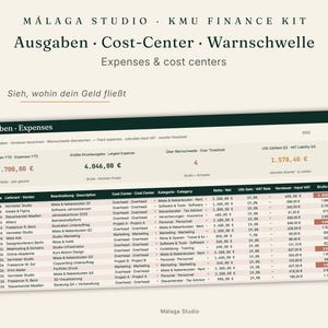 May include: A digital finance spreadsheet titled Malaga Studio KMU Finance Kit featuring columns for date, vendor, description, cost center, category, net, VAT rate, input VAT, and gross expenses with numerical data displayed in a table format.