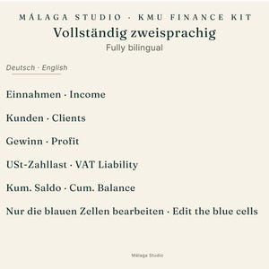May include: A digital finance kit document titled M&aacute;laga Studio KMU Finance Kit, featuring a bilingual list of terms including Einnahmen/Income, Kunden/Clients, Gewinn/Profit, USt-Zahllast/VAT Liability, Kum. Saldo/Cum. Balance, and Edit the blue cells.