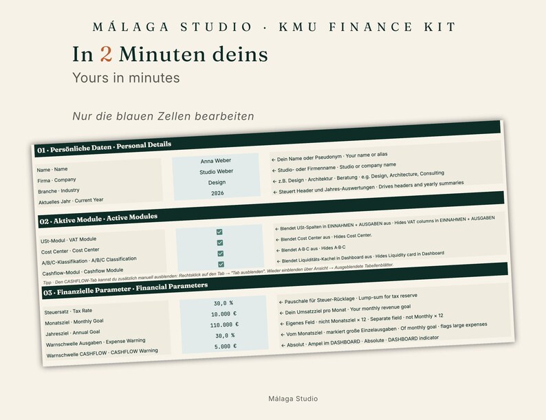 May include: A digital finance kit template titled Malaga Studio KMU Finance Kit with text in German and English. The document features three sections: Personal Details, Active Modules, and Financial Parameters, with light blue input cells.