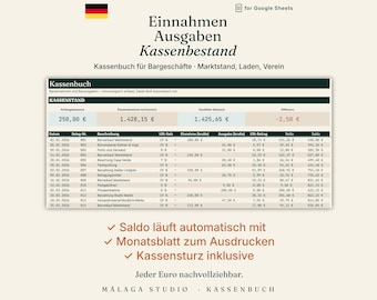 May include: A digital cash book spreadsheet template for Google Sheets titled Einnahmen Ausgaben Kassenbestand. It features a table with columns for date, description, tax rate, income, expenses, tax amount, net, and balance, with rows of financial data.