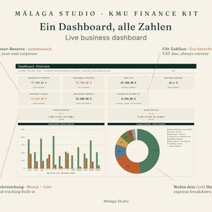 May include: A digital business finance dashboard titled M&aacute;laga Studio KMU Finance Kit. The interface displays financial metrics, including tax reserves, VAT liabilities, profit margins, and monthly expenses, visualized through bar charts and a donut chart.