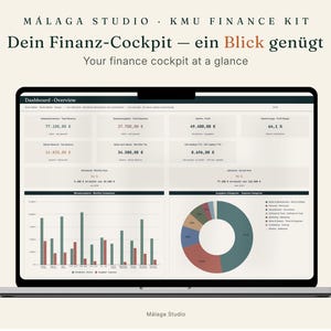 May include: A laptop screen displaying the Malaga Studio KMU Finance Kit dashboard. The interface features financial data, including a bar chart for monthly comparisons, a pie chart for expense categories, and various profit and tax metrics.