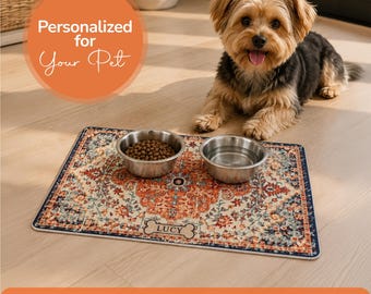 Personalized Pet Feeding Mat, Washable Non Slip Dog Bowl Mat, Custom Cat Food Mat, Vintage Persian Pet Rug, Decorative Pet Area Rug