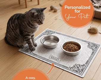 Personalized Pet Feeding Mat, Custom Dog Bowl Mat, Cat Feeding Rug, Washable Pet Bowl Mat, Neutral Pet Decor, Custom Name Pet Mat