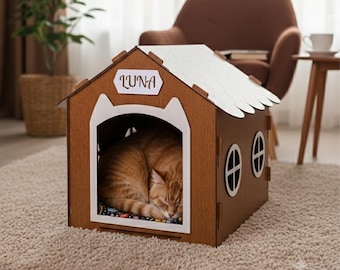 Casa de madera personalizada para mascotas, refugio moderno para perros y gatos, placa con nombre personalizado, escondite acogedor.