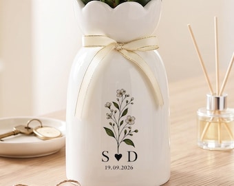Wedding Gift for Couple, Personalized Ceramic Flower Vase, Custom Initials and Date Vase, Botanical Anniversary Keepsake, Newlywed Gift