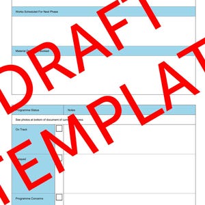 May include: A white document template titled Progress Summary and Programme with light blue headers. Sections include Summary Of Works Completed In Last Period, Works Scheduled For Next Phase, Material Delivery Booked, Programme Status, and Notes.