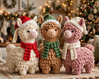Chunky Chenille Christmas Llama Trio Crochet Pattern, Festive Llama Plush with Santa Hats (PDF Download)
