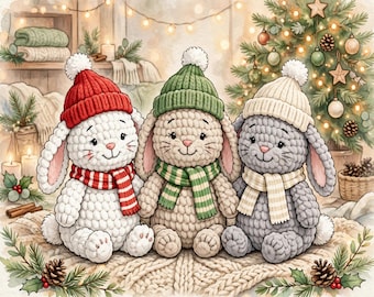 Chunky Christmas Bunny Trio Crochet Pattern, Santa Hat Bunnies with Scarves, Chenille Plush Amigurumi (PDF Download)