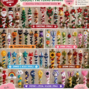 May include: A digital collection of 50+ crochet spiral patterns featuring seasonal themes including Christmas, Halloween, spring, summer, beach, and autumn designs. The image displays various hanging ornaments like Santa, pumpkins, flowers, and animals.