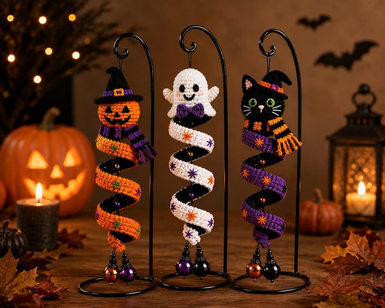 May include: Three crocheted Halloween ornaments hanging from black metal stands. The left is a pumpkin with a hat and scarf, the center is a white ghost with a purple bow, and the right is a black cat with a hat and striped scarf.