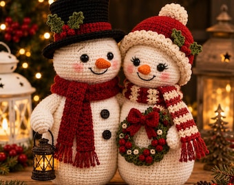 Crochet Christmas Snowman Couple Pattern PDF | Amigurumi Snowman Decor | Holiday Gift | Winter Wreath & Lantern | Instant Download