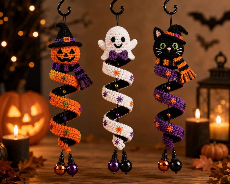 May include: Three hanging crochet ornaments featuring a pumpkin with a witch hat, a white ghost with a purple bow tie, and a black cat with a witch hat and scarf. Each figure has a long, spiraling tail decorated with small star-shaped accents.