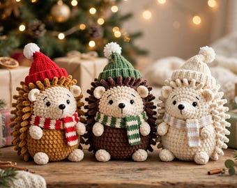 Chunky Chenille Christmas Hedgehog Trio Crochet Pattern, Santa Hat Hedgehog Plush (PDF Download)