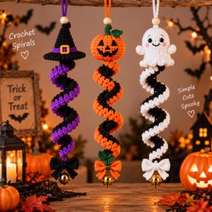 May include: Three hanging crochet spiral decorations for Halloween. One features a black witch hat, one a jack-o'-lantern, and one a white ghost. Each spiral ends with a small bow and a gold jingle bell. Text reads Crochet Spirals, Trick or Treat, and Simple Cute Spooky.