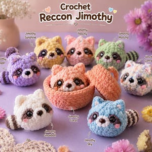 May include: A collection of eight small, plush crochet raccoon figures labelled Crochet Reccon Jimothy. Each figure features large black eyes, a striped tail, and distinct colours including purple, yellow, pink, green, white, blue, and confetti.