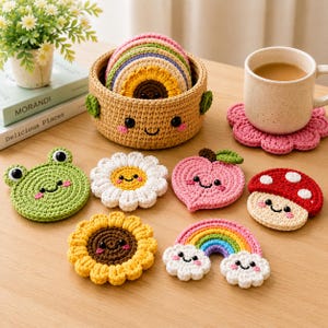 May include: A collection of crocheted coasters featuring various shapes including a green frog, a white daisy, a pink peach, a red mushroom, a yellow sunflower, and a rainbow with clouds. A tan crocheted basket with a smiling face holds additional coasters.