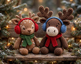 Wzór szydełkowy na jelenia i łosia | 2 w 1, gruby, leśny pluszowy duet, nauszniki i szaliki, świąteczne amigurumi (do pobrania w formacie PDF)